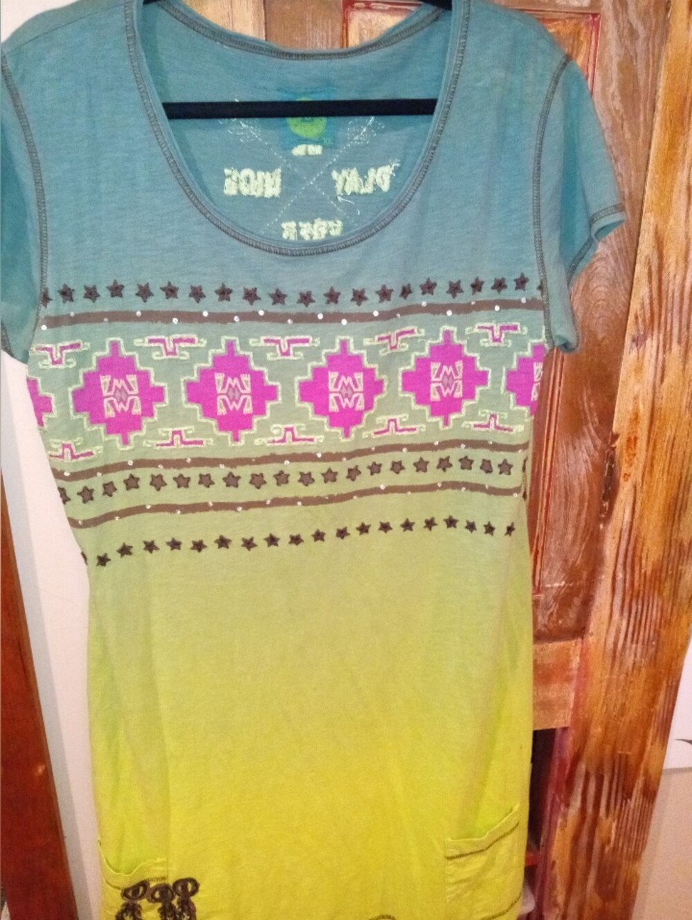 Double D Ranch Blue Teal Green Lime Tribal Print Tee Dress